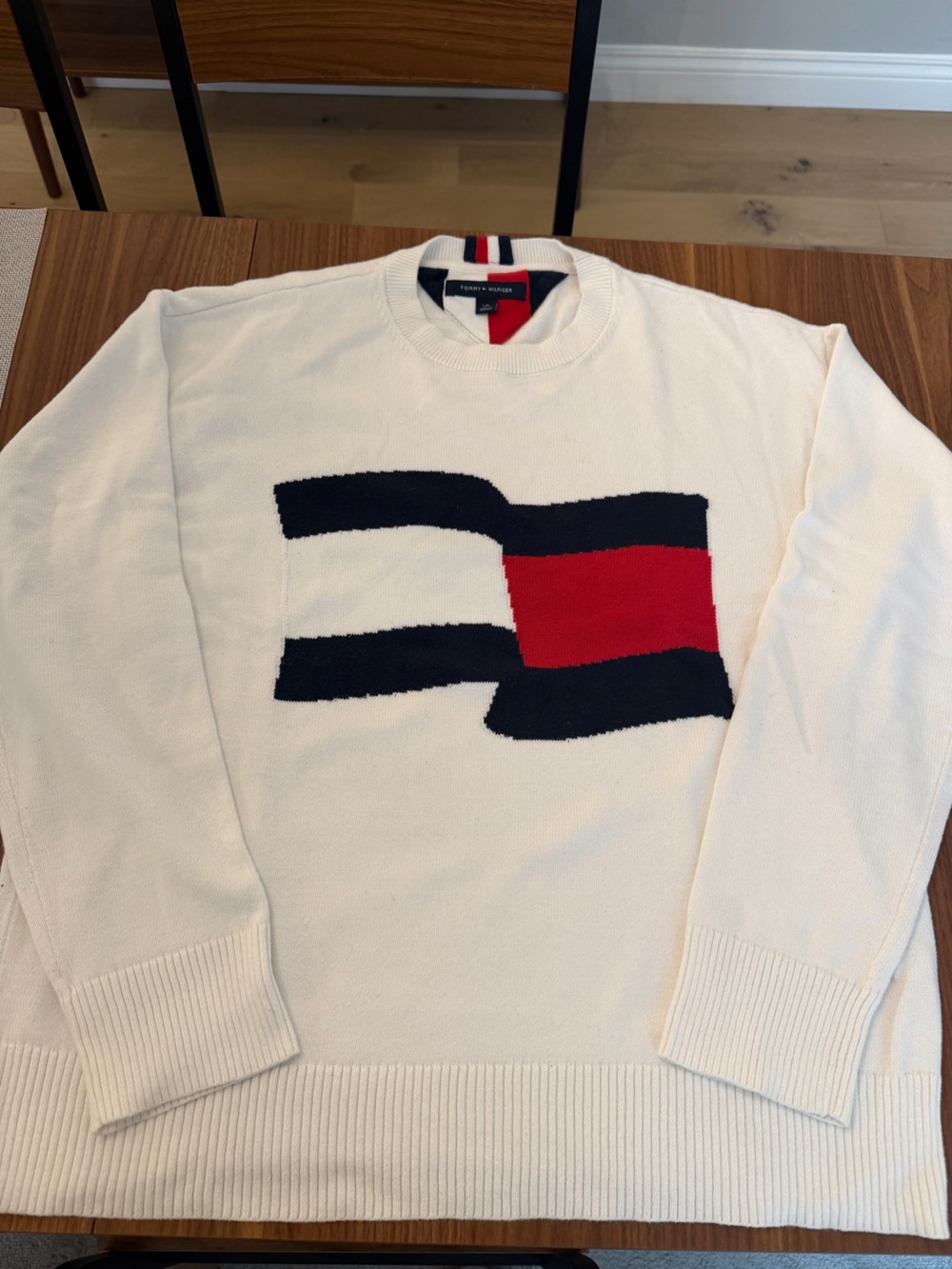 Tommy Hilfiger Cream Crewneck Sweater with Red & Navy Flag